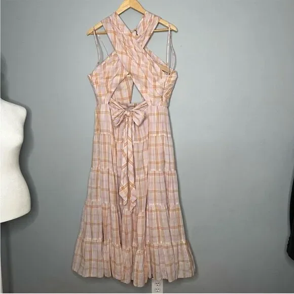 ULLA JOHNSON Noelle Crossover Halter Back-Tie Midi Plaid Dress NEW Sz. 4 - Picture 9 of 10